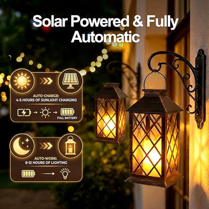 Solar Lanterns Outdoor Waterproof - 2 Pack 14" Large Hanging Solar Lantern with Glass Flickering Flame, IP65 Weatherproof Decorative Lanterns for Garden, Patio, Yard, Porch, Balcony, Gifts Mom Wife