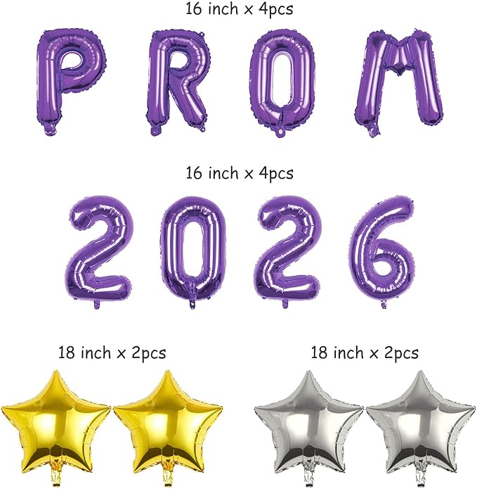 Prom 2026 Balloons Decorations, 16 Inch Foil Letter Number Balloons with 18 Inch Silver Purple Star Balloons for High School College Graduation Gift Retirement Ins Photo Party Supplies