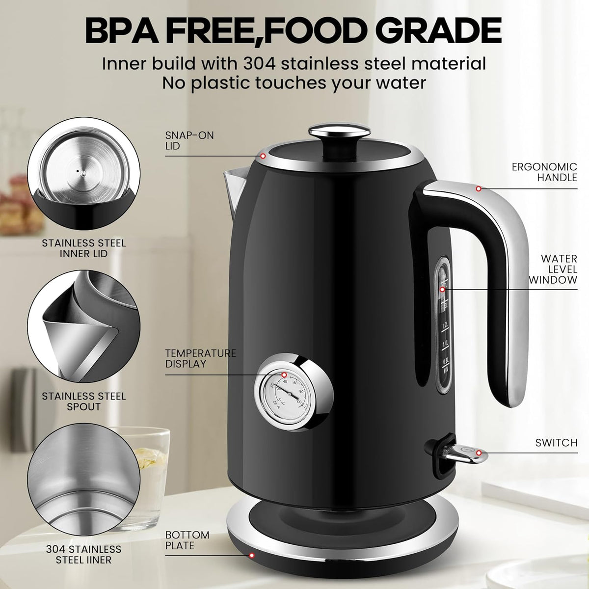 Pukomc Electric Kettle, 1.7L Stainless Steel Tea Kettle with Temperature Gauge, 1500W Water Boiler with LED Light, BPA-Free