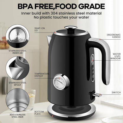 Pukomc Electric Kettle, 1.7L Stainless Steel Tea Kettle with Temperature Gauge, 1500W Water Boiler with LED Light, BPA-Free