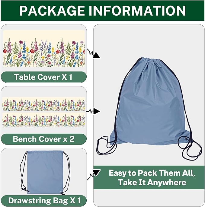 Picnic Table Cover with Bench Covers Elastic Edges, Cottagecore Camper Fitted Table Cover, Outdoor Camping Essentials 72 Inch 3PCS, Waterproof Camping Fitted Tablecloth with Drawstring Bag