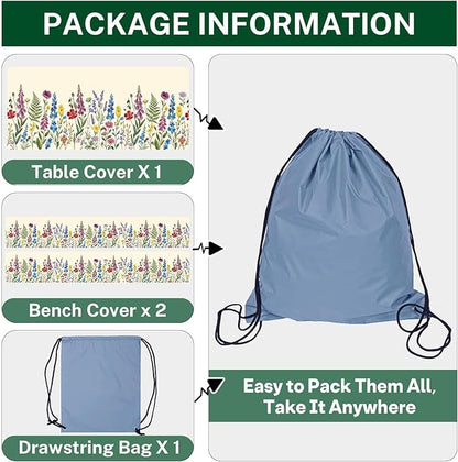 Picnic Table Cover with Bench Covers Elastic Edges, Cottagecore Camper Fitted Table Cover, Outdoor Camping Essentials 72 Inch 3PCS, Waterproof Camping Fitted Tablecloth with Drawstring Bag