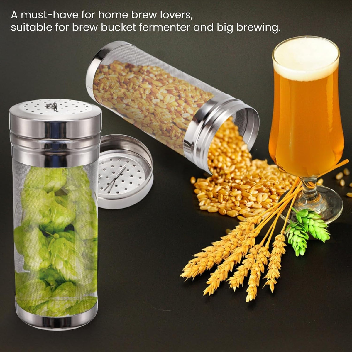 2 Pack Beer Dry Hopper Filters, 2.8 x 7 inch 300 Micron Mesh Hop Strainer with Lid, Stainless Steel Beer Hop Spider with Nylon Bristles