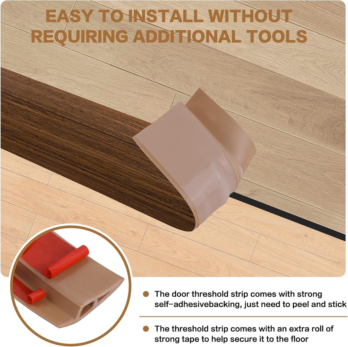 Floor Transition Strip Vinyl Door Threshold Ramp Self Adhesive Carpet Edging Strip Doorway Edge Trim, Overlap Edge Reducer for Laminate Carpet, Floor, Tile (Brown Wood Grain, 3/5" to 4/5", 6.6Ft)