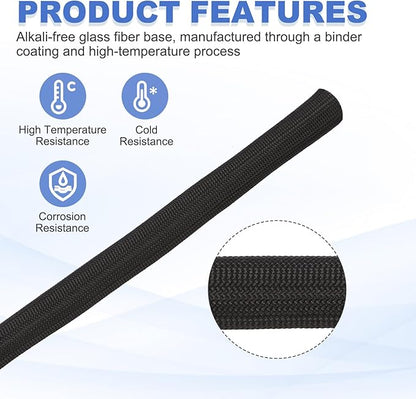 uxcell Insulation Cable Protector,8mm/0.5 Inch-15m/49 Feet High Temp Fiberglass Sleeve Black