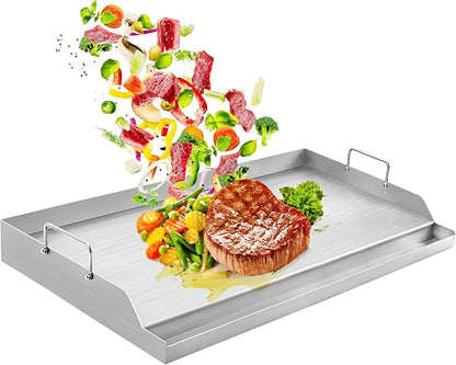 GasSaf Universal Stainless Steel Griddle, 25" x 16" Rectangular Cooking Griddle Plate Insert for Gas Grills/Stove, Large Grill Flat Top Pan with Grease Groove and Removable Handles for Camping