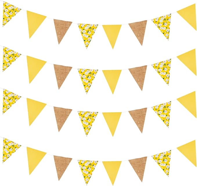Zwiebeco 39Ft Yellow Daisy Flowers Fabric Pennant Banner Vintage Burlap Triangle Flag Retro Bunting Party Decoration for Birthday Engagement Wedding Bridal Baby Shower Rustic Village Home Garden Décor