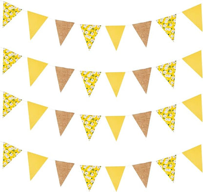 Zwiebeco 39Ft Yellow Daisy Flowers Fabric Pennant Banner Vintage Burlap Triangle Flag Retro Bunting Party Decoration for Birthday Engagement Wedding Bridal Baby Shower Rustic Village Home Garden Décor