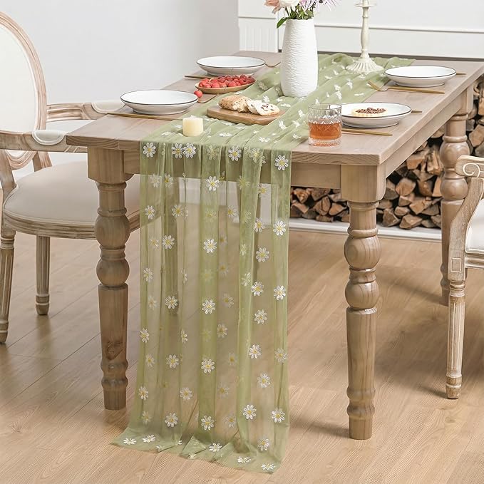 Horaldaily Sage Green Embroidery Daisy Spring Summer Gauze Tablecloth 60×104 Inch Rectangular, Seasonal Tulle Table Cover, Garden Party Decorations for Wedding, Party, Holiday Dining