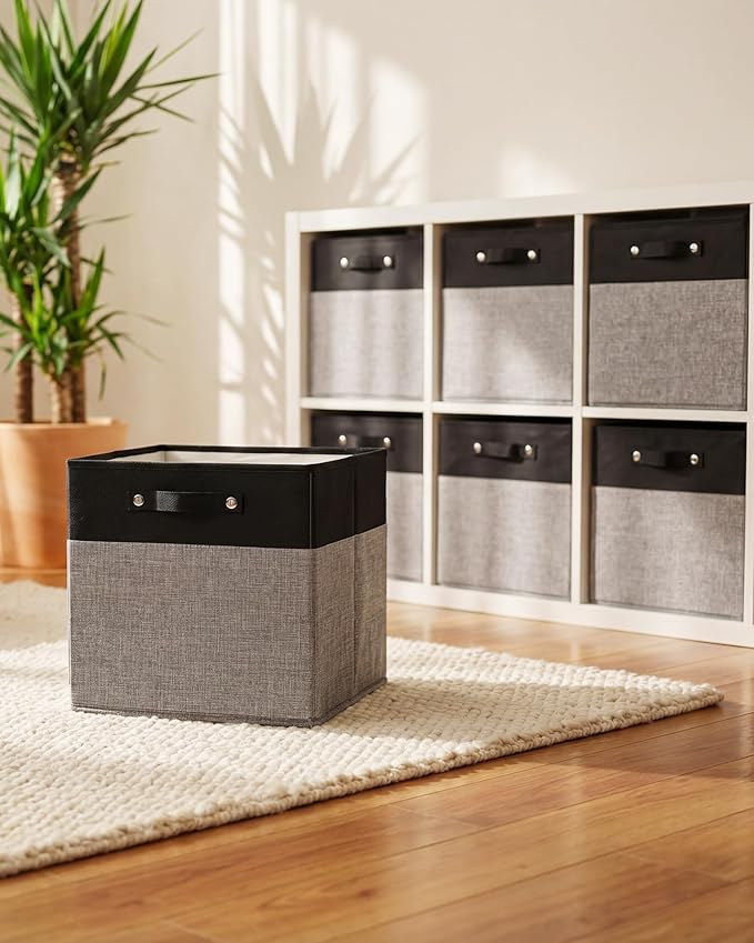 FinishingBo 13x13x13 Inches Fabric Storage Bin with Handles, Cube Storage Bins, Storage Baskets for Organizing Shelf Home Closet,6 Pack (Black and Grey)