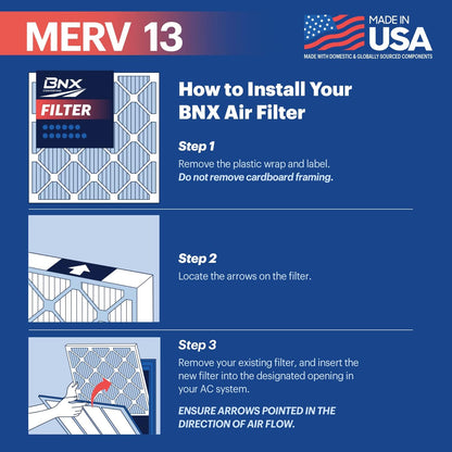 BNX TruFilter 16x24x1 Air Filter MERV 13 (4-Pack) - MADE IN USA - Electrostatic Pleated Air Conditioner HVAC AC Furnace Filters for Allergies, Pollen, Mold, Bacteria, Smoke, Allergen, MPR 1900 FPR 10