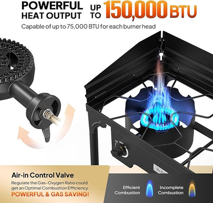 ROVSUN 2 Burner Outdoor Camping Stove with Wind Panel, 150,000 BTU Propane Burner, Gas Cooker with Detachable Legs & CSA Regulator for Home Camp Paito Cooking Frying Canning