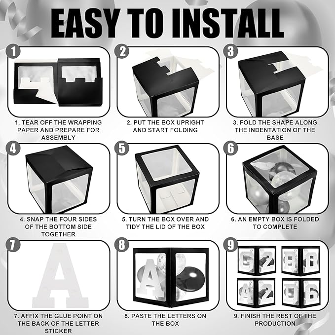 Seenelling 133 Pcs Graduation Decorations 2026 Set Black Sliver Balloons Boxes with Letters 2026 Grad Square Foil Balloons Complete Party Supplies for High School College Celebrations