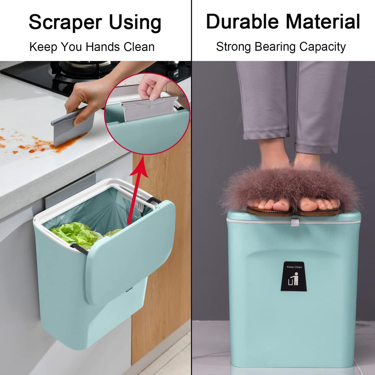 Tiyafuro 2.4 Gallon Kitchen Compost Bin for Counter Top or Under Sink, Hanging Small Trash Can with Lid for Cupboard/Bathroom/Bedroom/Office/Camping, Mountable Indoor Compost Bucket (Blue)