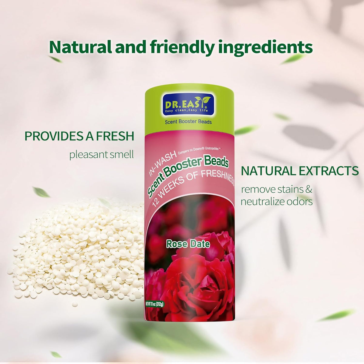 DR.EASY Laundry Scent Boosters 312g,Rose Date Scent Boosters for Washer，Bulk Laundry Booster Beads and fabric scent booster，Fresh Scented Clothes fo 12 Weeks
