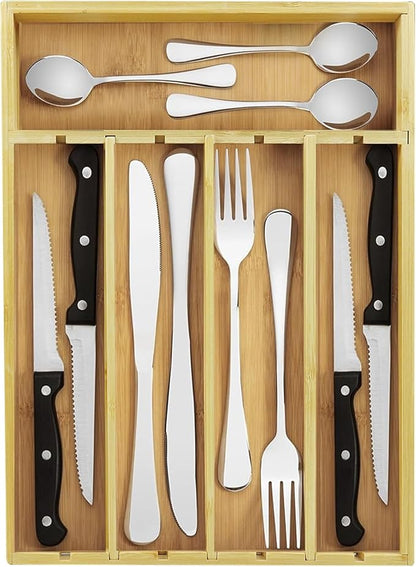 Silverware Organizer Kitchen Bamboo Drawer Organizer - 5 Slots Total Utensil Organizer for Flatware, Cutlery & Knives. Ideal Utensil Drawer Organizer for Kitchen, Natural