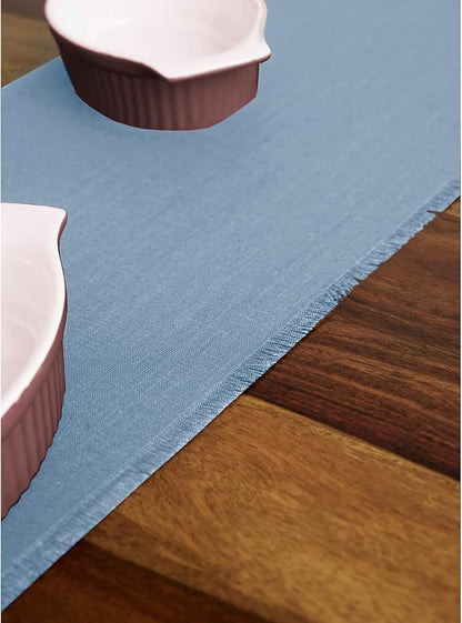 Solino Home Linen Dusty Chambray Blue Table Runner 90 Inches Long - Fringe, 100% Pure Linen Dining Table Runner 14 x 90 Inch for Winter, Spring, Easter