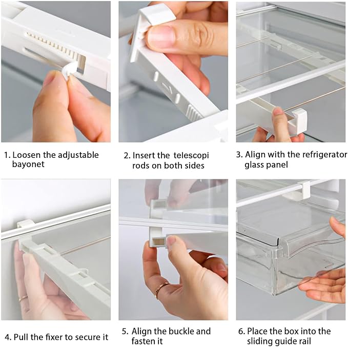 URALFA Fridge Drawer Organizer, Adjustable Refrigerator Drawers for Fruit and Vegetable, Pull Out with Handle, Shelf Holder Storage Box, Fit for Fridge Shelf Under 1.1"