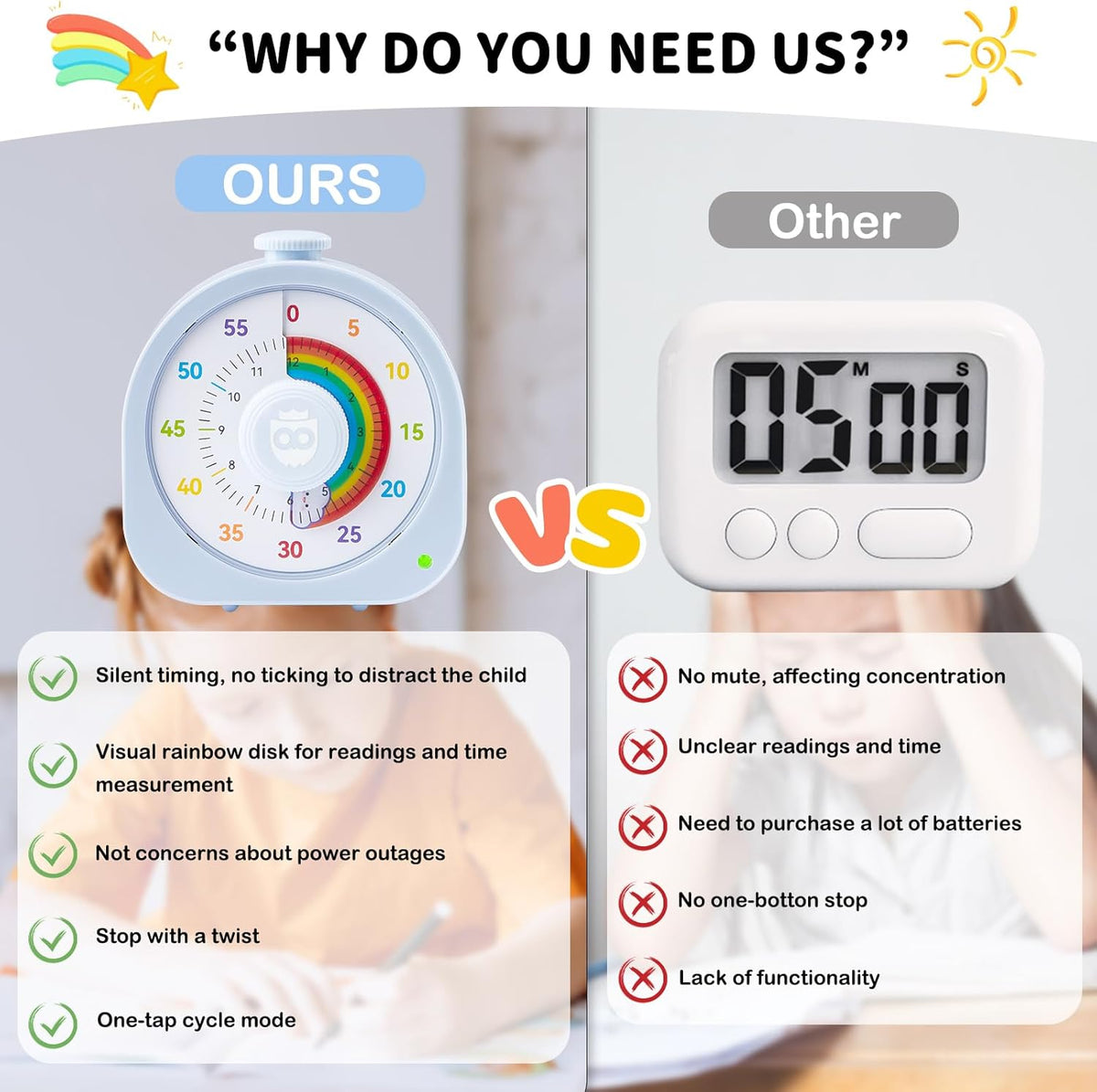Visual Timer for Kids, Rechargeable Timer for Classroom Office Kitchen with 'Rainbow' Pattern Design, 60min/12h Silent Countdown Timers