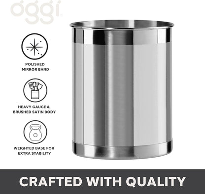 Oggi Stainless Steel Utensil Holder - 5" Diameter, Utensil Caddy, Weighted Base for Stability - Larger-Sized Utensil Crock and Countertop Utensil Organizer, Stainless Steel