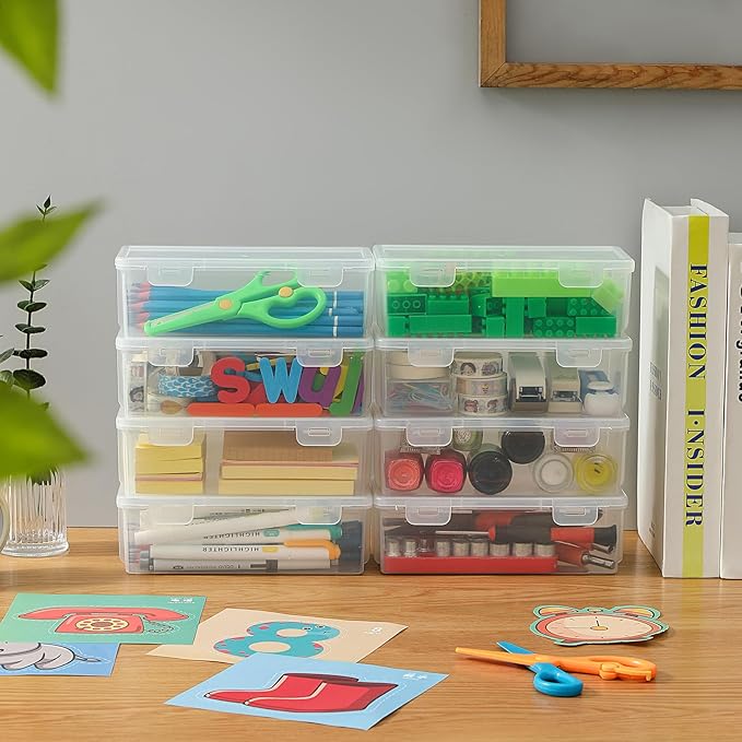 Clear Translucent Pencil Cases and Pencil Boxes, 8-Pack Stackable Plastic Pencil Box with Snap Lid – Large Marker Organizer for Art Supplies and Desk Organization – Rectangular Large