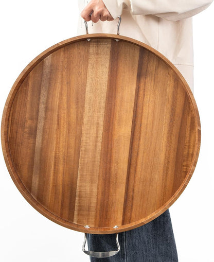 Ottoman Tray with Handles, 20 Inch Round Ottoman Tray Large Trays for Ottomans Wooden Serving Tray Decorative Trays for Living Room, Party, Breakfast