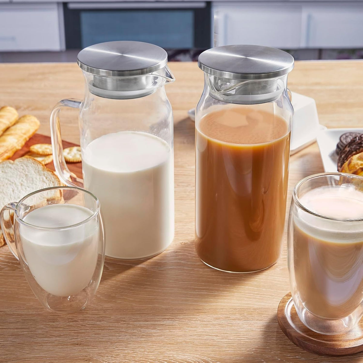 2 Pack 1.2 Liter 40 oz Small Glass Pitcher with Lid and Spout, Glass Carafe Water Pitcher for Hot/Cold Water, Iced Tea, Drinks, Coffee