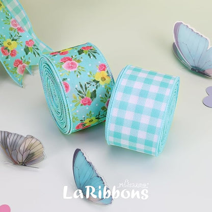 LaRibbons Blue Floral Ribbon Wired 2 Rolls 2.5 Inch x 20 Yards TTL, Rose Flower and Buffalo Plaid Burlap Ribbon for Spring Summer Crafts Gift Wrapping Wreath Bow Basket Decoration