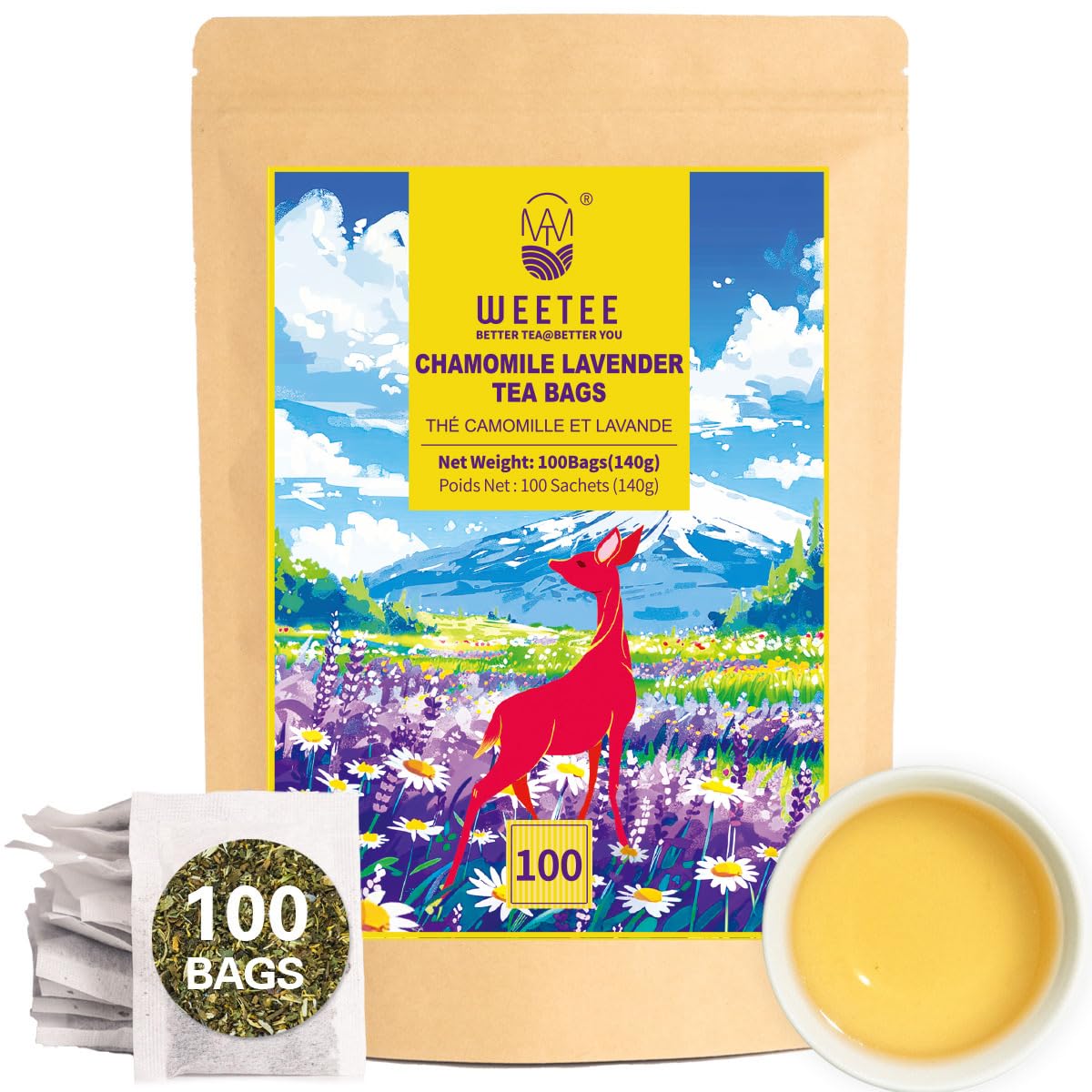 WT Weetee Chamomile Lavender Tea Bags 100 Count, Nighty & Relax, 100% Pure Chamomile, Lavender Flowers & Lemon Balm Blend
