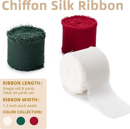 Husfunov Handmade Chiffon Ribbon Set,1.5Inch x 3 Rolls Total 24 Yards Ivory/Red/Green Fringe Chiffon Silk Ribbon,for Wrapping Wedding Invitations,Bridal Bouquets,DIY Crafts,Home Decor and More
