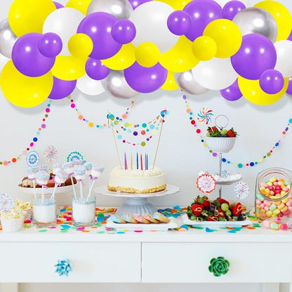 Purple Yellow White Balloon Garland Arch Kit - 122pcs, 12in, 10in, 5in Balloons, Metallic Silver, Basketball Birthday Party Decorations