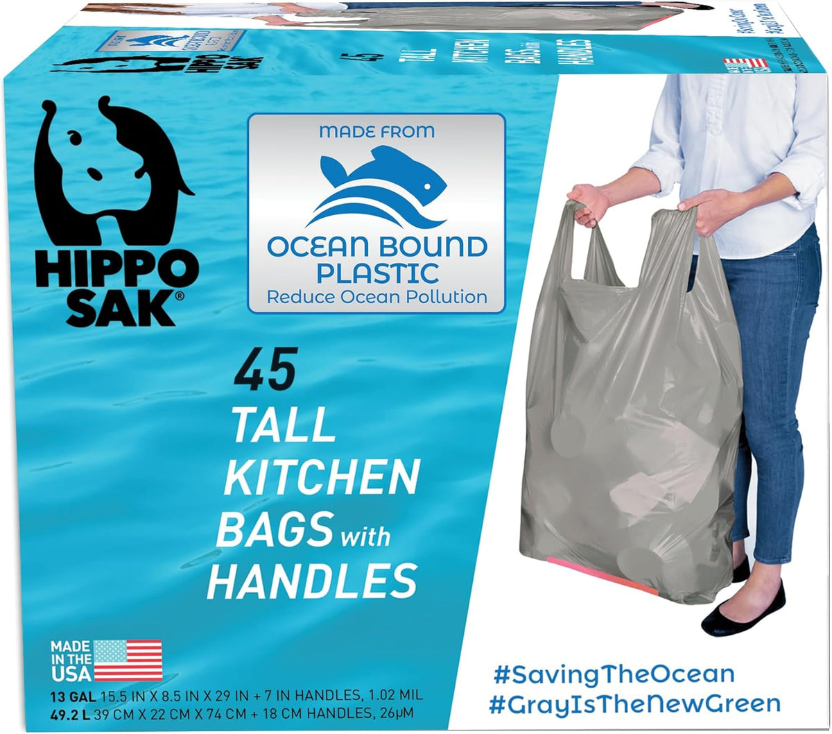 Hippo Sak - Tall Kitchen Garbage Bags with Ergonomic Handles - 13 Gallon Trash Bags Made from Recycled Ocean Bound Plastic - Super Strong and Leak Proof Tall Kitchen Trash Bags (45 Count)