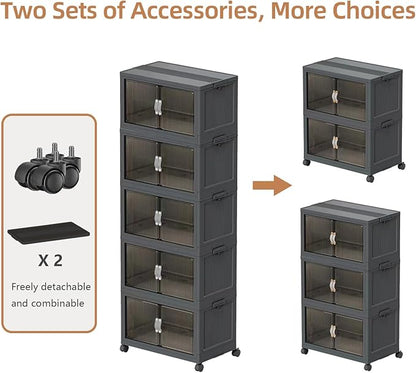 Collapsible Storage Bins with Lids Black Stackable Plastic Organizers for Clothes, Decor, Craft Supplies & Home Storage (5 racks, 17 Gal/rack)