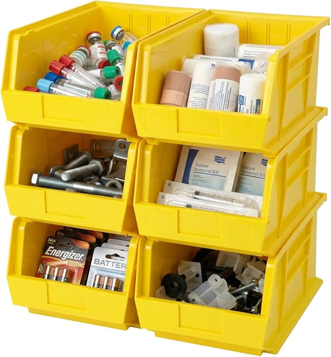 Quantum Storage QUS260 Heavy-Duty Stackable Plastic Storage Bins for Workshop, Warehouse & Garage, Ultra Stack & Hang, 18" x 11" x 10", Yellow, 4-Pack