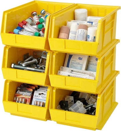 Quantum Storage QUS260 Heavy-Duty Stackable Plastic Storage Bins for Workshop, Warehouse & Garage, Ultra Stack & Hang, 18" x 11" x 10", Yellow, 4-Pack
