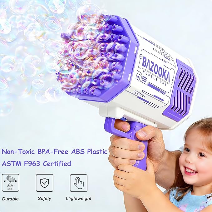 Petrella Toy Bubble Gun for Kids 69 Holes Bubble Machine for Toddlers 1-3 4-8 Girls Boys, Rechargeable Bazooka Bubble Blower Guns for Wedding Summer Outdoor Party with Bubble Solution