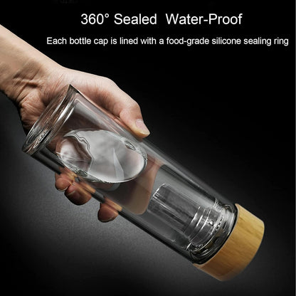 Comi Tea Bottle, 14 oz, Borosilicate Glass, Double Wall, Infuser & Strainer, Bamboo Lid, 400ml