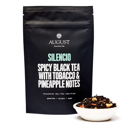 August Uncommon Silencio Loose Leaf Tea – Pineapple &amp; Cacao (1.8oz) | Dried Pineapple, Cacao Shell and Assam Tea – Vegan, Gluten-Free, Non-GMO South Indian Black Tea – Bold and Tropical Flavor