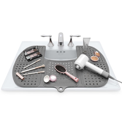 Sink Topper Bathroom Counter Cover & Storage Saver, Foldable Silicone Mat for Hot Tools, Hair Styling & Makeup, Beauty Brush Cleaning Mat, RV Camper Sink Cover & for Small Spaces (Large Silver)