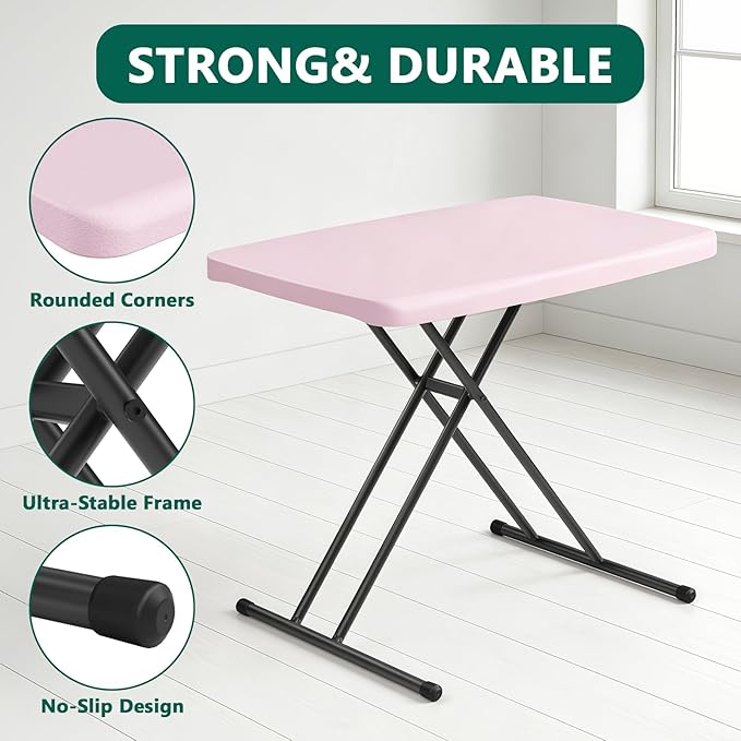 Folding Table 30 Inch - Small Desk Adjustable Height TV Tray for Laptop, Couch, Camping - Heavy Duty Utility Foldable Table for Small Spaces, No Assembly Required, Granite (Pink)