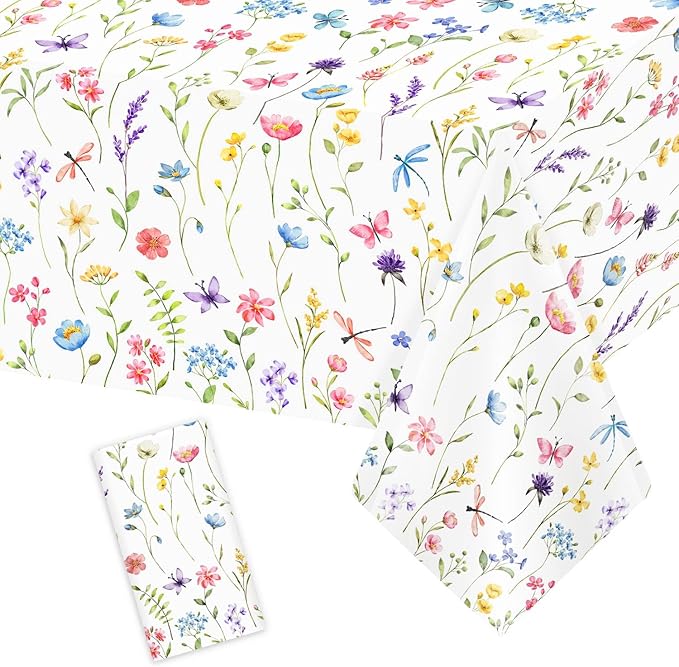Homanu 1 Pack Wildflower Party Decorations Tablecloths, Large Size 54 X 108 Inch Rectangle Floral Tablecloth Plastic Table Cover for Birthday Party Baby Shower Decorations