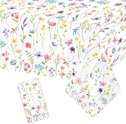 Homanu 1 Pack Wildflower Party Decorations Tablecloths, Large Size 54 X 108 Inch Rectangle Floral Tablecloth Plastic Table Cover for Birthday Party Baby Shower Decorations