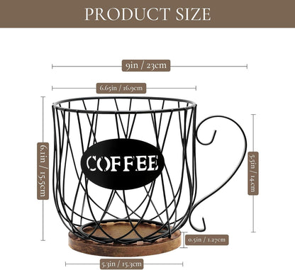 Rustic Metal K-Cup Coffee Pod Holder Mug - Large Wire Basket with Wooden Base for Countertop Coffee Storage
