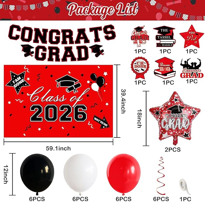 Graduation Decorations 2026, Red Black Graduation Party Decorations Set with Class of 2026 Backdrop Congrats Grad Banner 18inch Foil Grad Star Balloons Hanging Streamers Kit for High School College
