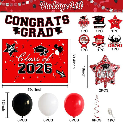 Graduation Decorations 2026, Red Black Graduation Party Decorations Set with Class of 2026 Backdrop Congrats Grad Banner 18inch Foil Grad Star Balloons Hanging Streamers Kit for High School College