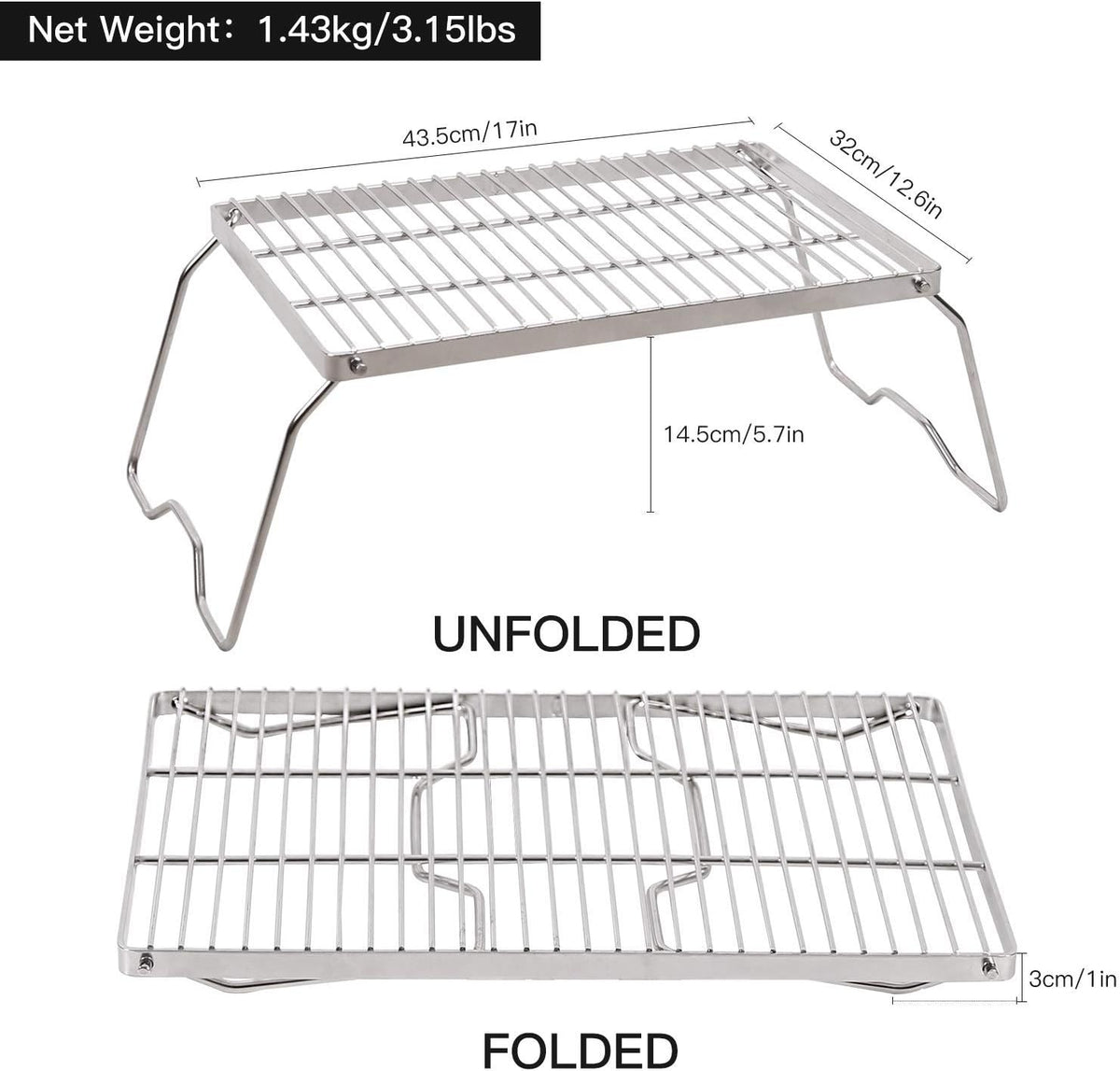 Redcamp 17" Large Folding Campfire Grill 304 Stainless Steel Grate, Heavy Duty Portable Camping Grill with Carrying Bag for Outdoor Cooking