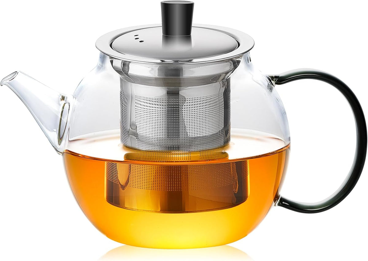 28OZ Glass Teapot with Infuser Stovetop Safe, 800ml Borosilicate Glass Kettle Tea Pot with Infusers tea infuser pot for loose leaf tea, tea Maker brewer, Dishwasher Safe, tetera para te (Clear)
