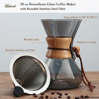 Pour Over Coffee Maker with Stainless Steel Filter, 20 oz Borosilicate Glass Coffee Carafe, Wooden Collar, Coffee Maker Carafe, Hold 3-4 Cups, 600 ml, Gray