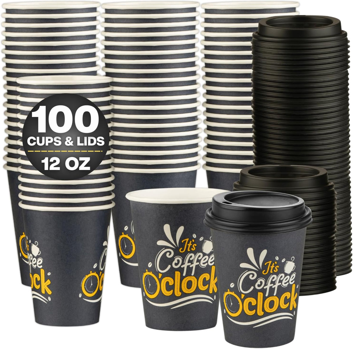 Smygoods Disposable Coffee Cups with Lids, To Go Paper Hot Cups, Coffee O'Clock Design (12 OZ, 100 Count) For Hot Beverages, Coffee, Tea, Espresso
