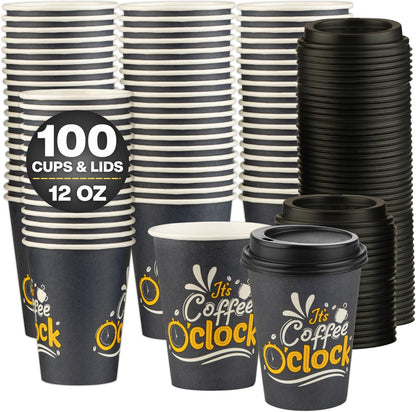 Smygoods Disposable Coffee Cups with Lids, To Go Paper Hot Cups, Coffee O'Clock Design (12 OZ, 100 Count) For Hot Beverages, Coffee, Tea, Espresso